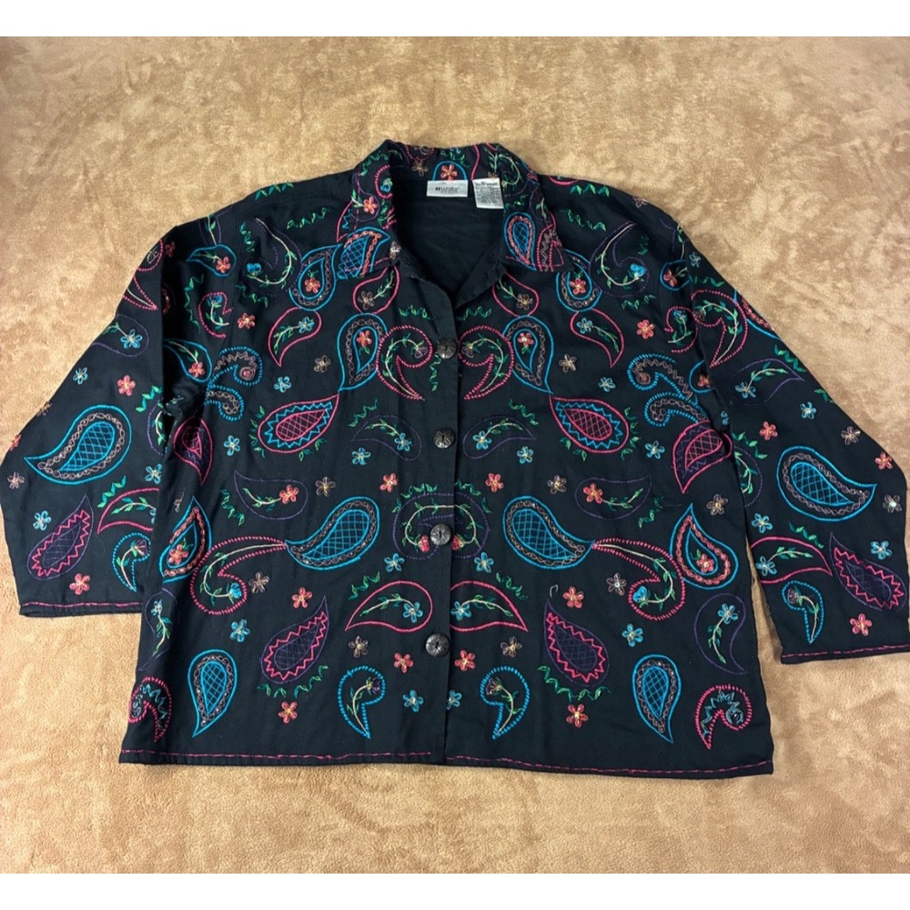 VTG Units Woman Shacket 2X Linen Blend Embroidered Beaded Black Art Teacher Core